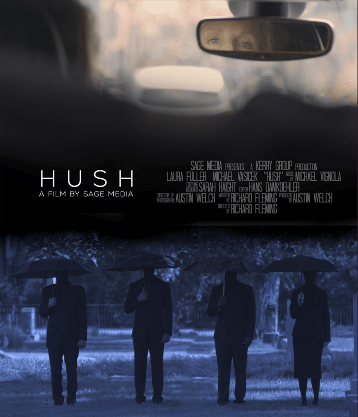 Movie poster for "Hush." A woman looks in the rearview mirror and there are four creepy silhouettes holding umbrellas.